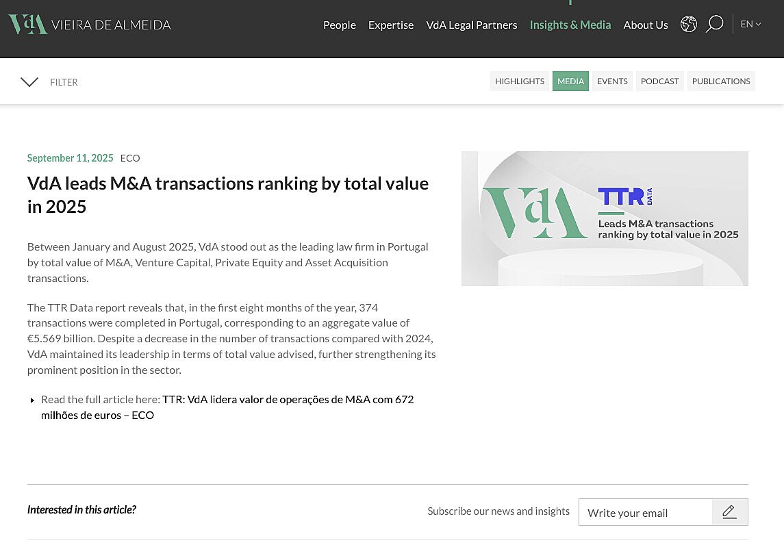 VdA leads M&A transactions ranking by total value in 2025